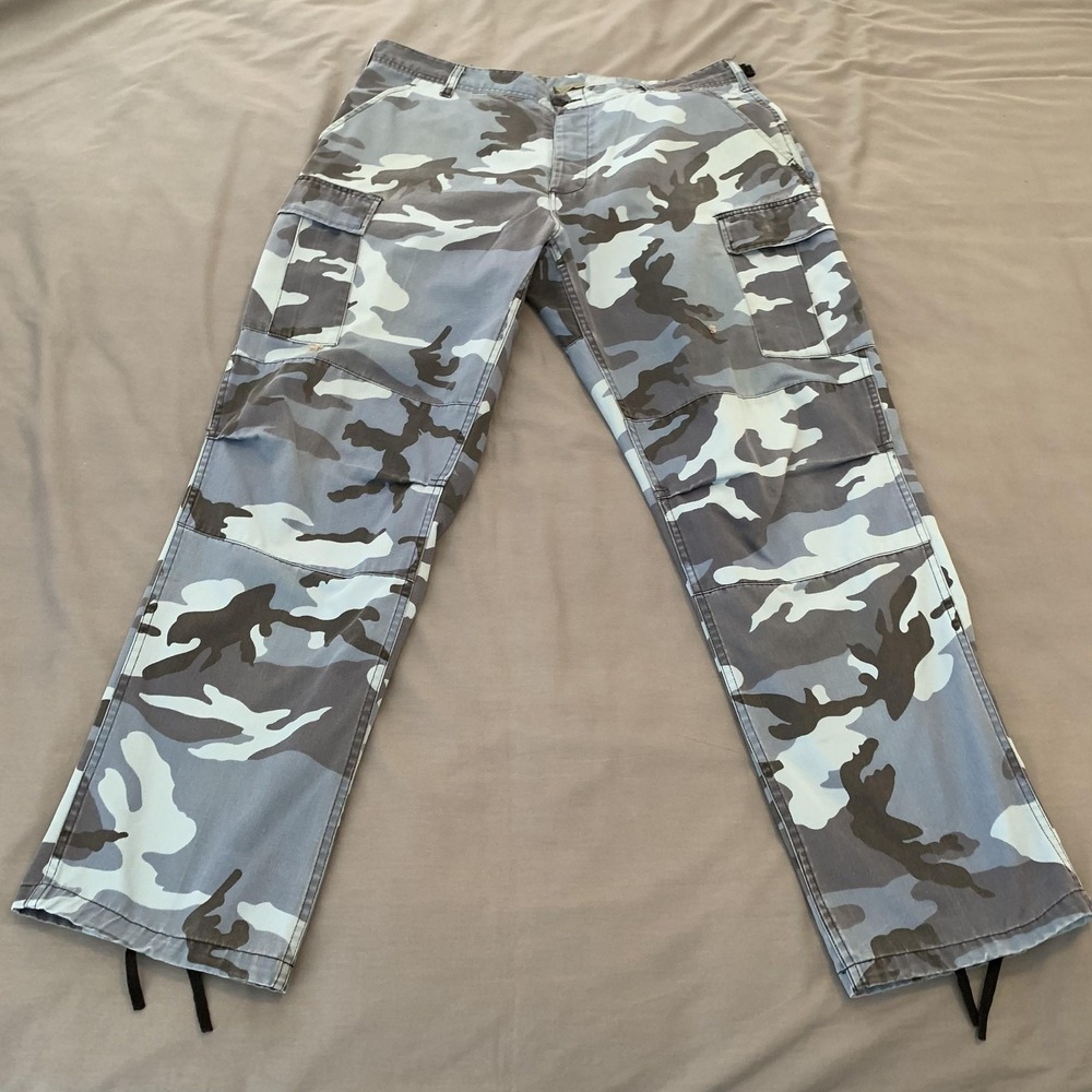 Camo Cargo Pants Mens 36x32 Gray Adjustable Waist Relaxed Fit Army BDU Utility